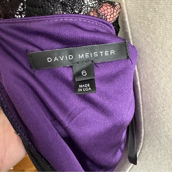 DAVID MEISTER Black Lace Cocktail Dress Beaded Cuffs, Purple Lining Size 6 - Picture 13 of 16